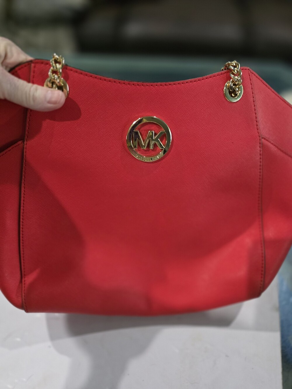 New Michael Kors Red Saffiano Shoulder Bag with Gold MK Emblem